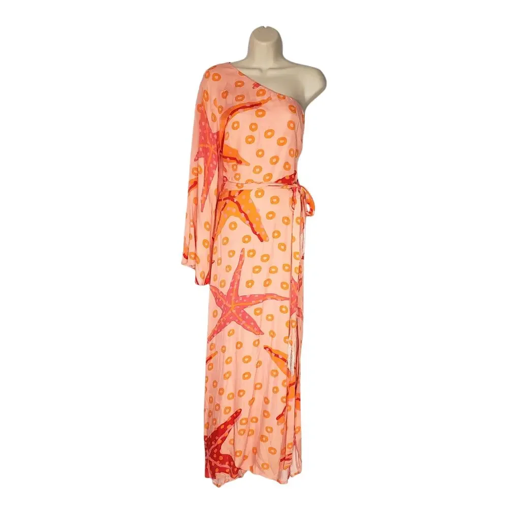 Farm Rio Anthropologie One Shoulder Starfish Maxi Dress Orange Pink Size Large - Picture 3 of 11
